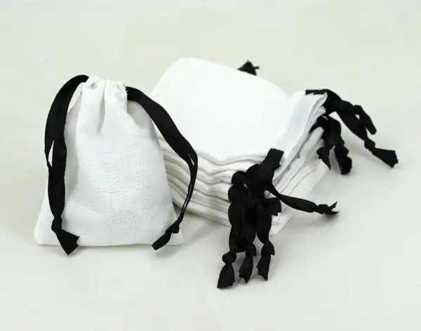Lot de 12 Pochettes Coton Blanc et Ruban Noir - 2 Tailles Au Choix