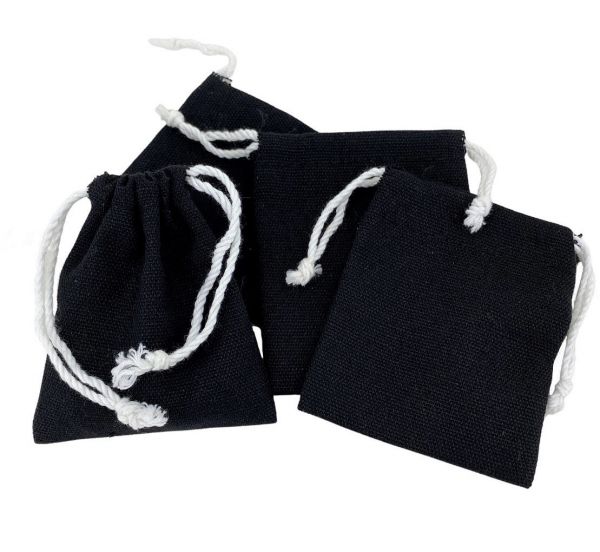 Lot de 12 Pochettes Cadeau en Coton Noir et Cordon Blanc - 7 x 9 cm