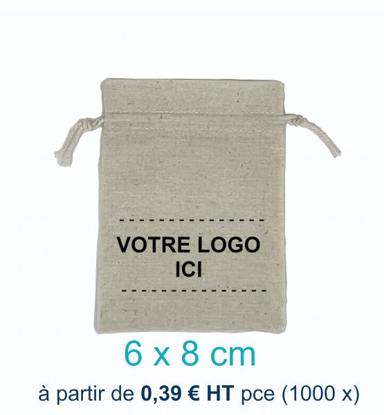 500 Pochettes Coton Naturel 6 x 8 cm Logo Monochrome