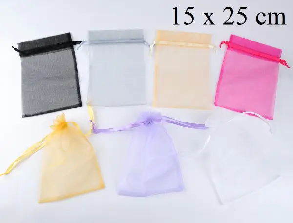 50 Sacs Organza 15 x 25 cm avec Ruban - 10 Coloris au Choix