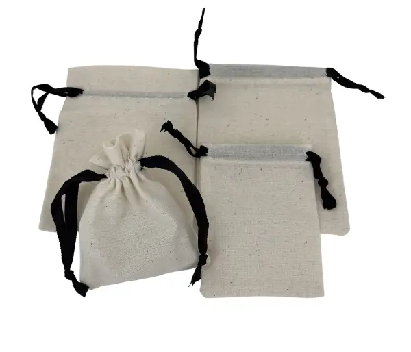 Lot de 12 Pochettes Cadeau en Coton et Ruban Noir - 2 Tailles