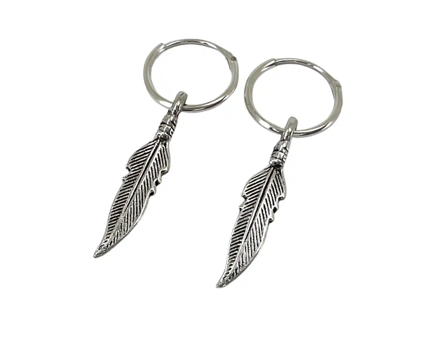 Boucles d'Oreilles Mini Créoles et Plume en Argent 