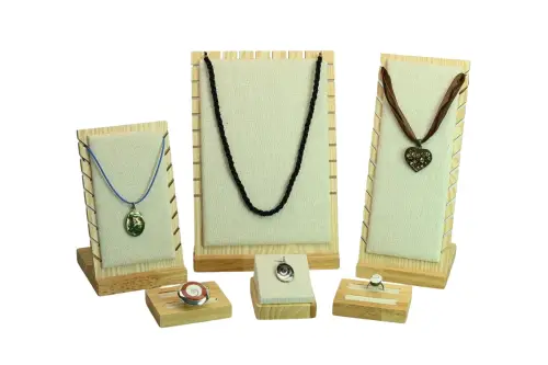 Ensemble Vitrine 6 Pièces Présentoirs Bijoux Bois et Coton 
