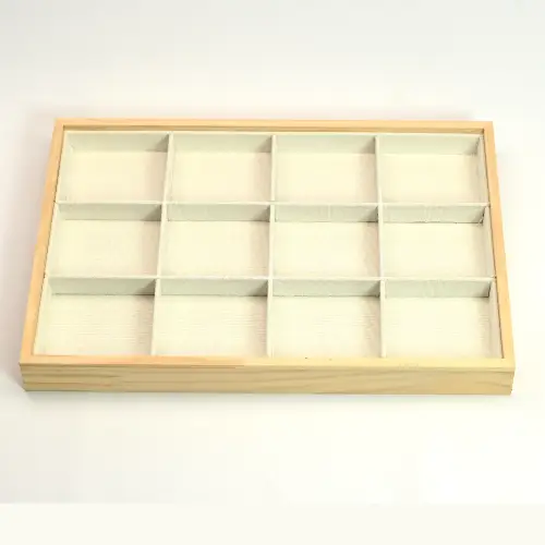 Plateau Bois Coton 35 x 24 cm pour Bijoux, Pierres ou Beads - 12 Cases 