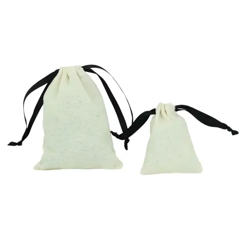 Lot de 12 Pochettes Coton Blanc et Ruban Noir - 2 Tailles Au Choix 